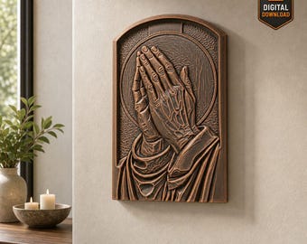 Praying Hands Panel Relief Religious Medallion Pendant DIY Sculpture STL File Christian Wall Art 3D Model for CNC Router 3D Printing Laser