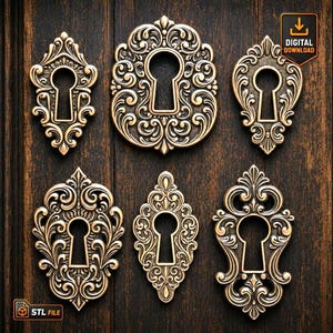 May include: A collection of six ornate brass-colored keyhole escutcheons featuring intricate scrollwork and filigree patterns. Each piece has a central keyhole opening. A digital download icon and an STL file label are visible in the corners.