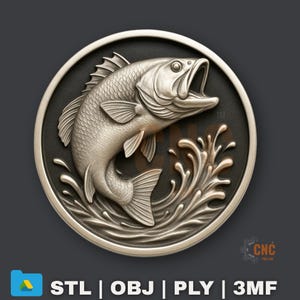 Personalized Bass Fish Leaping Medallion STL File For CNC Router 3D Printer Laser Jumping Fish Fishing Wall Art Splash Relief Outdoor Lodge