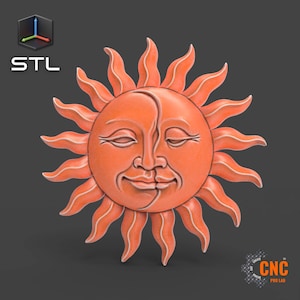 Può includere: Un decoro da parete stampato in 3D che presenta un sole e una luna stilizzati con un viso sorridente. Il sole è arancione e la luna è bianca. Il design ricorda uno stile di arte popolare tradizionale.