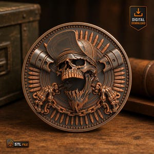 Modelo de impresión 3D de medallón gótico de guerrero calavera en formato STL para impresoras FDM.