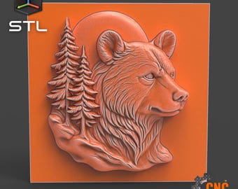 Bear Head STL Model Relief Forest Bear Sculpture with Moon and Pine Trees For CNC Router Carving & 3D Printing Wall Art STL File 3D Model