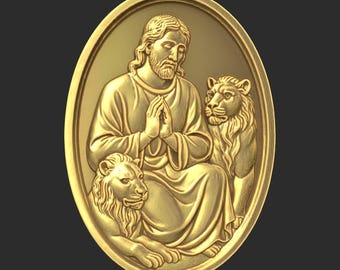 STL File 3D CNC Relief Carving for Wood 3D Printing Laser Engraving Daniel in the Lion’s Den Oval Relief