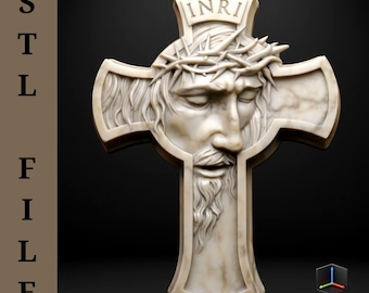 Jesus Cross Pendant Jewelry Necklace STL File Crown of Thorns INRI Relief For CNC 3D Carving Laser Engraving 3D Printing Christian Wall Art