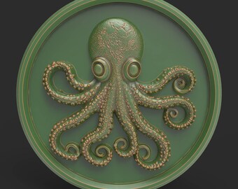 Runde Oktopus Münze Medaillon Oktopus STL Datei Nautische 3D Modell Oktopus für Schmuck DIY CNC Fräser Laser 3D Drucker Datei