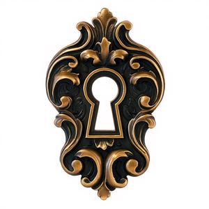 以下が含まれることがあります： 黒と金の装飾的なアンティークスタイルの鍵穴カバー。装飾品は、詳細な渦巻き模様の鍵穴の形をしています。金のアクセントは、鋳造金属の複雑なディテールを強調しています。