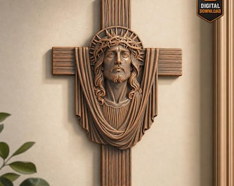 Jesus Cross STL File 3D Model with Crown of Thorns INRI Relief for CNC Carving Laser Engraving 3D Printing Christian Wall Art Download
