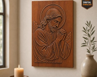 Praying Jesus Wall Panel STL File 3D Model with Halo Religious Relief for CNC Carving Laser Engraving 3D Printing | Christian Wall Art