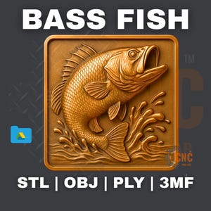 STL File For CNC Router 3D Printer Laser Personalized Bass Fish Leaping Square Medallion Jumping Fish Wall Art Splash Relief Outdoor Lodge