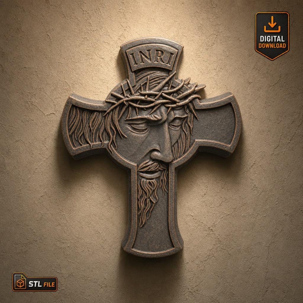 Inri Vector File Jesus Cross STL File 3D Model With Crown of Thorns INRI Relief for CNC ...