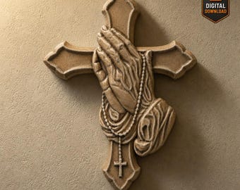 Praying Hands Cross Relief Religious Medallion Pendant Sculpture STL File Christian Wall Art 3D Model for CNC Router 3D Printing Laser