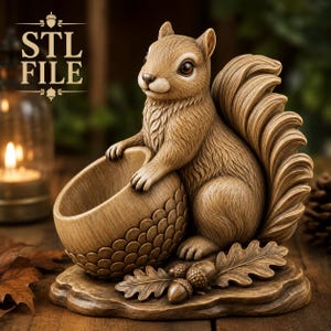 Puede incluir: Una figura de ardilla marrón que sostiene una gran copa de bellota ahuecada. La base presenta dos bellotas pequeñas y hojas de roble. El texto "STL FILE" está impreso en la esquina superior izquierda, enmarcado por iconos de bellotas.