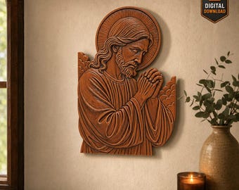 Praying Jesus STL File 3D Model with Halo Religious Relief for CNC Carving Laser Engraving 3D Printing | Christian Wall Art Digital Download
