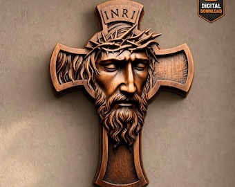Jesus Cross STL File 3D Model Crucifix with Crown of Thorns INRI Relief for CNC Carving Laser Engraving 3D Printing Christian Wall Art