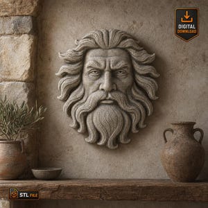 File STL del volto mitologico di Poseidone per intaglio CNC, scultura digitale rustica da parete, per fusione di resina, pannello di legno, stampo in argilla, decorazione per stampa 3D