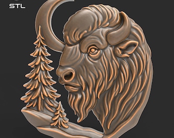 Buffalo Bison Relief STL File for CNC Carving 3D Printing Western Wildlife Head Sculpture with Crescent Moon Pine Trees Lodge Cabin Wall Art