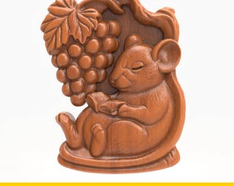 Leesmuis STL-bestand met druiven en bladeren reliëf voor CNC houtsnijwerk 3D-printen rustieke kinderkamer kunst aan de muur schattige dieren Home Decor
