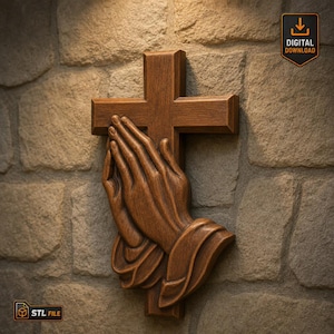 Praying Hands with Cross STL File Christian Wall Art Relief 3D Model for CNC Wood Carving Resin Casting Faith Decor Religious Sculpture