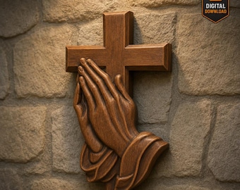 Praying Hands with Cross STL File Christian Wall Art Relief 3D Model for CNC Wood Carving Resin Casting Faith Decor Religious Sculpture