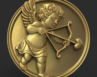 Cupid STL File with Bow and Heart Arrow Round Medallion Relief for CNC Carving 3D Print Romantic Angel Decor Valentine Wall Art Sculpture