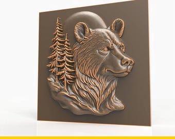 Bear Forest Relief STL File 3D Model for CNC Laser Engraving 3D Printing Wildlife Wall Art Pine Tree Panel Rustic Animal Sculpture Decor