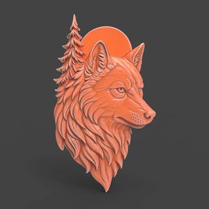 May include: A 3D printed wall sculpture of a wolf's head with a pine tree behind it. The sculpture is a light orange color and has a detailed design.