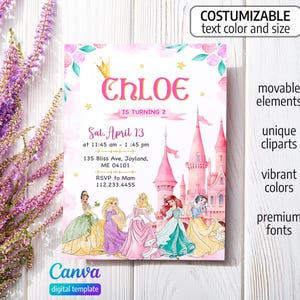 Princess Birthday invitation, Girl editable invite template, printable castle invitation, once upon a time royal party, instant download