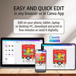 May include: A digital template displayed on a laptop, tablet, and smartphone. The template features a red background with cartoon characters and the text "LET'S CATCH THEM ALL." The text "HARRISON" and the number "6" are also visible.