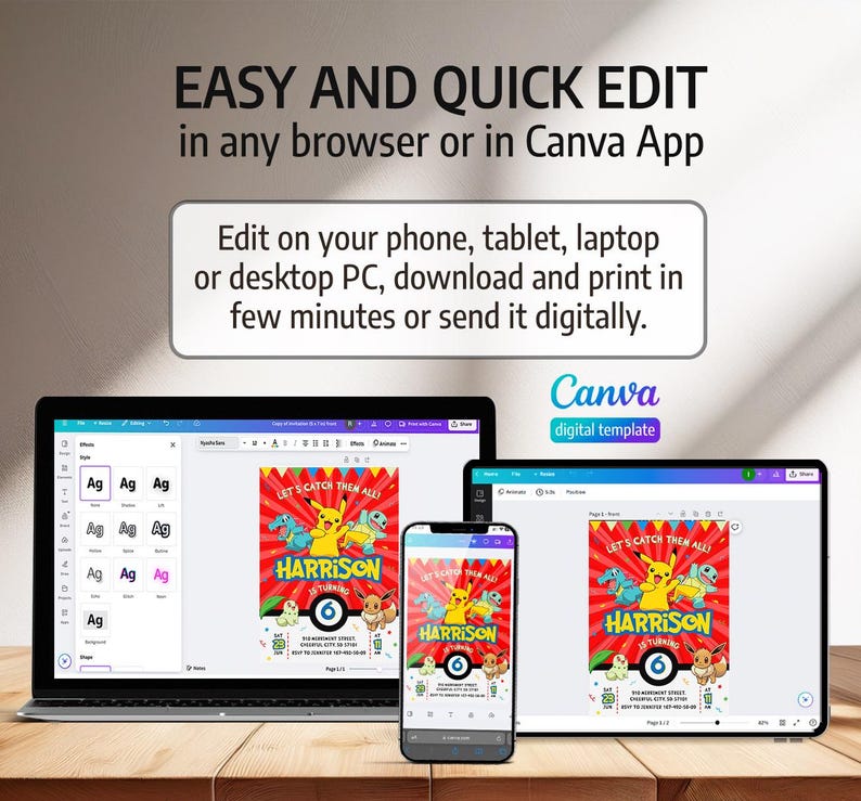 May include: A digital template displayed on a laptop, tablet, and smartphone. The template features a red background with cartoon characters and the text "LET'S CATCH THEM ALL." The text "HARRISON" and the number "6" are also visible.