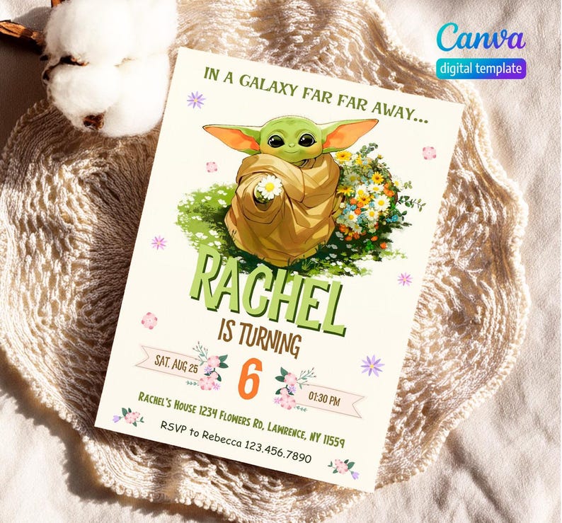 May include: A printable invitation for a 6th birthday party featuring a green alien character holding flowers. The invitation says "In a galaxy far far away... Rachel is turning 6" with a date, time, and address.