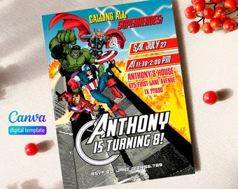 Printable Boy Birthday Invite, super hero Editable party Invitation, spiderman, hulk, captain america Invite template, avengers invitation