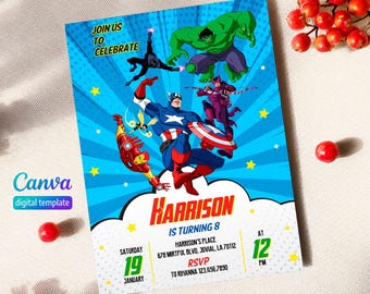 Printable Boy Birthday Invite, super hero Editable party Invitation, spiderman, hulk, captain america Invite template, avengers invitation