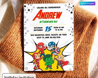 Puede incluir: Una invitación de cumpleaños con temática de superhéroes para un niño llamado Andrew que cumple seis años. La invitación presenta un diseño de estilo cómic colorido con imágenes de Spiderman, Capitán América, Hulk y Thor. La invitación incluye la fecha, la hora y la ubicación de la fiesta.