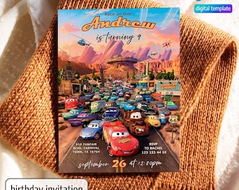 Puede incluir: Una invitación de cumpleaños con temática de Cars para un niño llamado Andrew que cumple 9 años. La invitación presenta una ilustración colorida de Rayo McQueen y otros personajes de Cars, junto con un fondo de puesta de sol y el texto "Race on Over Andrew is turning 9".