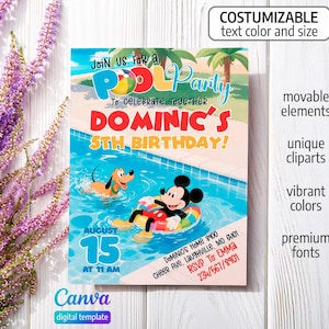 May include: A rectangular digital invitation template for a pool party featuring Mickey Mouse in a colorful floatie and Pluto swimming in a blue pool. The text reads Join Us For A Pool Party, Dominic's 5th Birthday, August 15 at 11 AM, and address details.