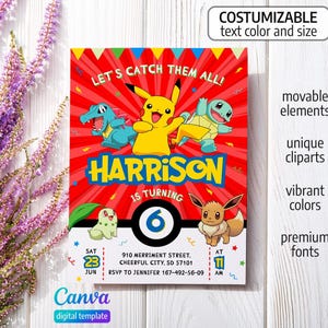 May include: A red birthday invitation with the text "LET'S CATCH THEM ALL!" and the name "HARRISON" in blue. The number "6" is in a black circle. Includes cartoon characters and the Canva logo.