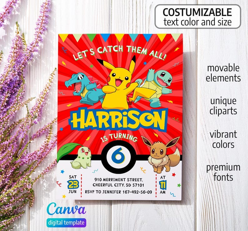 May include: A red birthday invitation with the text "LET'S CATCH THEM ALL!" and the name "HARRISON" in blue. The number "6" is in a black circle. Includes cartoon characters and the Canva logo.