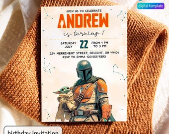Printable boy girl birthday invitation, instant download, Star Wars Birthday Party, editable invitation, Mandalorian Birthday invite