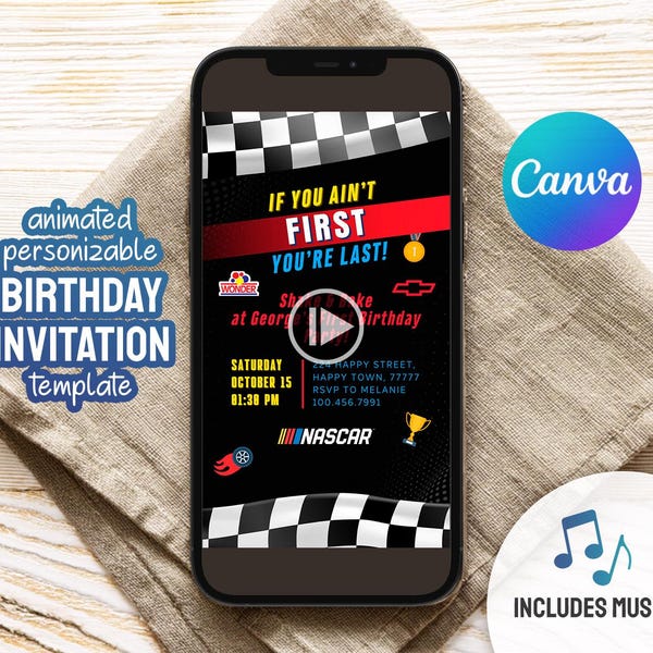 Nascar Party, Shake N Bake Birthday, Ricky Bobby, boy Racing invitation, Animated Cars Birthday invitation, video editable invite template