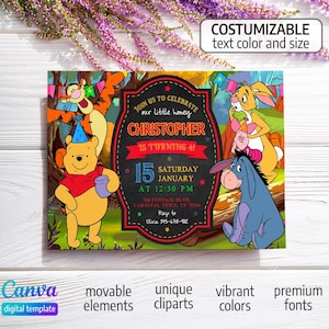 Winnie the Pooh invitation, Teddy Bear invite template, printable editable boy girl birthday invite, electronic invitation, Winnie invite