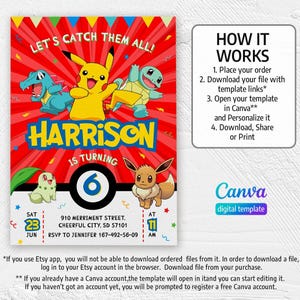 May include: A colorful birthday party invitation featuring cartoon characters and the text "LET'S CATCH THEM ALL!" The invitation includes the name "HARRISON" and the number "6". Additional text provides event details and instructions for use.