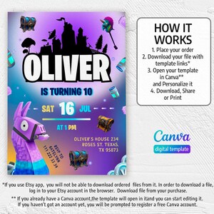 May include: A digital birthday invitation featuring the name "OLIVER" in large white letters. The design includes a purple llama, treasure chests, and a cityscape silhouette. The invitation is for a 10th birthday, with the date July 16th.
