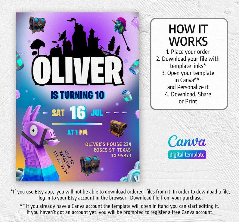 May include: A digital birthday invitation featuring the name "OLIVER" in large white letters. The design includes a purple llama, treasure chests, and a cityscape silhouette. The invitation is for a 10th birthday, with the date July 16th.