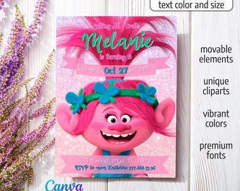 Editable Trolls invite, Poppy invite template, girl birthday, electronic invitation, printable birthday invitation, Trolls Party