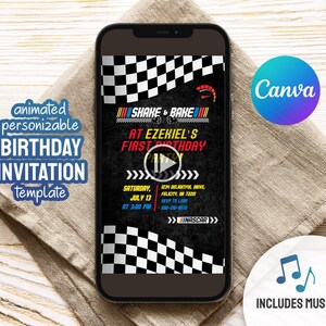 May include: A smartphone displays a personalized birthday invitation template with a racing theme. The design features a checkered flag, speedometer, and the text "Shake & Bake" and "NASCAR". The invitation includes music.