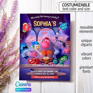 May include: A printable digital invitation for a 6th birthday party featuring characters from the movie Inside Out. The invitation is purple with a cityscape background and includes the text "Sophia's 6th Birthday Party".