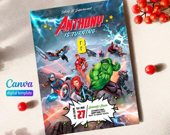 Printable Boy Birthday Invite, super hero Editable party Invitation, spiderman, hulk, captain america Invite template, avengers invitation