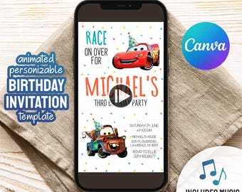 Cars invitation, Lightning McQueen invite, animated birthday party invitation, Racing birthday video invitation template