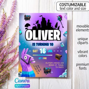 May include: A digital invitation with a purple and blue gradient background. The invitation features the name "OLIVER" in large white letters, with the text "IS TURNING 10" below. The date is "SAT 16 JUL" with the time "AT 1 PM". The invitation includes the text "COSTUMIZABLE text color and size".