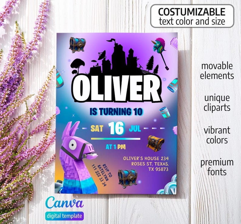 May include: A digital invitation with a purple and blue gradient background. The invitation features the name "OLIVER" in large white letters, with the text "IS TURNING 10" below. The date is "SAT 16 JUL" with the time "AT 1 PM". The invitation includes the text "COSTUMIZABLE text color and size".